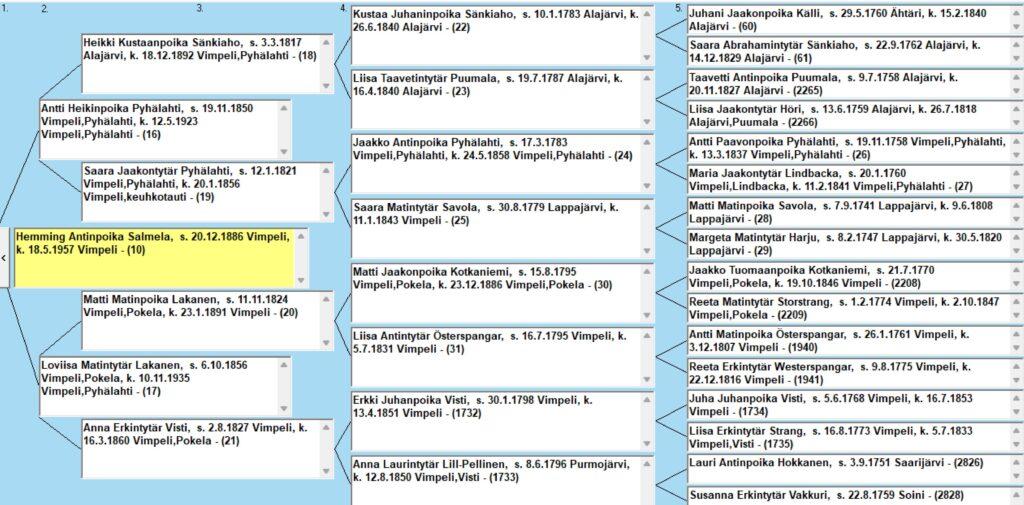 Sukututkimus on mielenkiintoista puuhaa, kirjoittaa Heikki Salmela. Tässä esivanhempien sukutaulua.