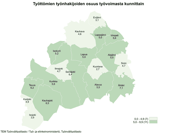 Maakunnan alhaisimmat työttömien työnhakijoiden osuudet olivat Kuortaneella (2,7 %), Evijärvellä (3,1 %) ja Isojoella (3,9 %).