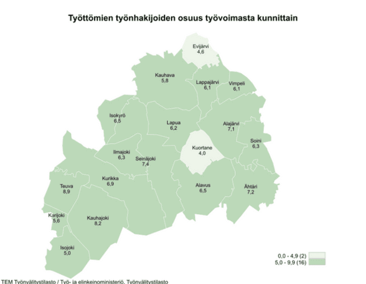 Maakunnan alhaisimmat työttömien työnhakijoiden osuudet olivat Kuortaneella (4,0 %), Evijärvellä (4,6 %) ja Isojoella (5,0 %).