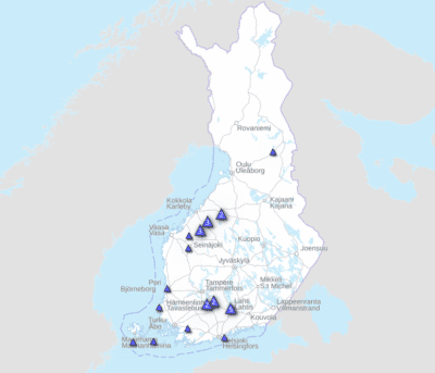 Kartta vuonna 2023 Ruokavirastossa todetuista lintuinfluenssatapauksista (HPAI) Suomessa. Lähde: Ruokavirasto.
