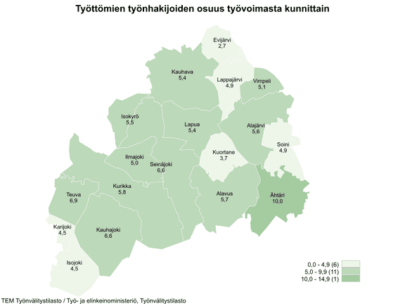 Maakunnan alhaisimmat työttömien työnhakijoiden osuudet olivat Evijärvellä (2,7 %), Kuortaneella (3,7 %), Isojoella (4,5 %) ja Karijoella (4,5 %).