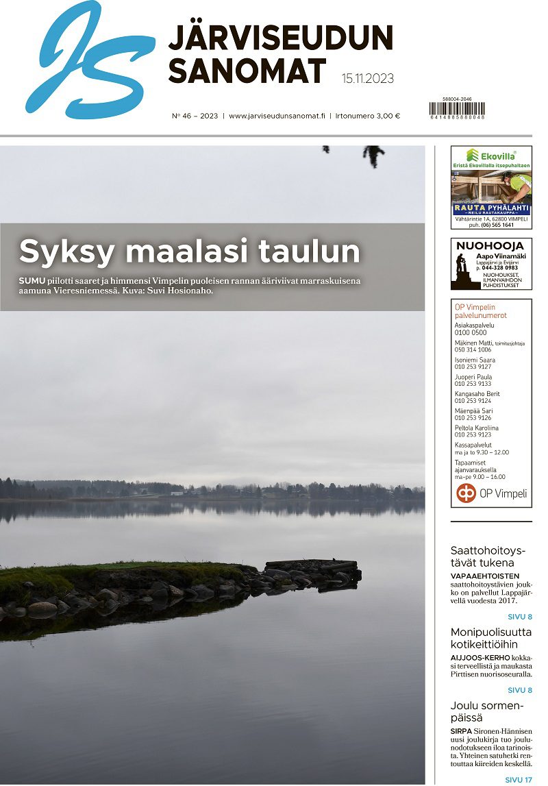 Järviseudun Sanomien digilehti 15.11.2023 numero 46 ilmestyy netissä jo tänään tiistaina kello 16.