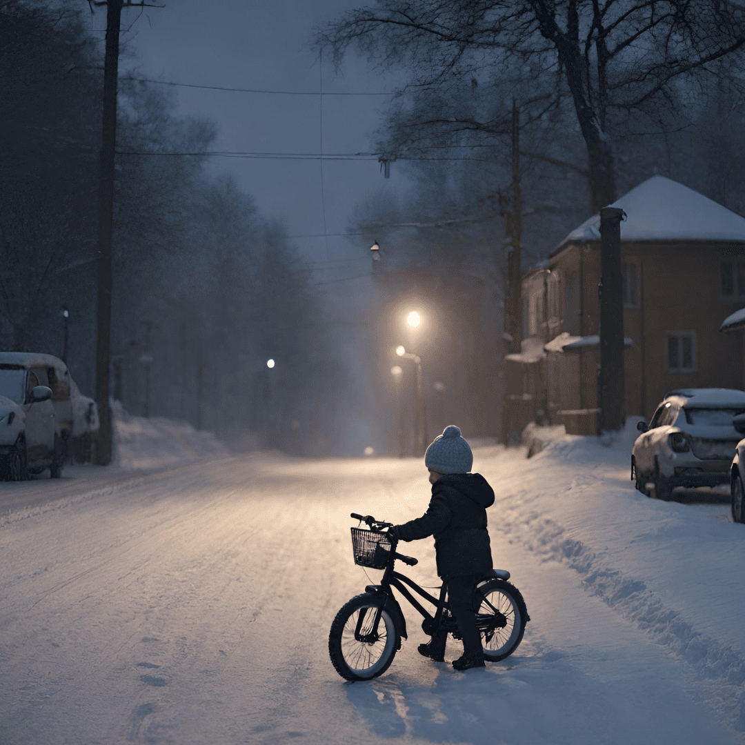 Pienen pyöräilijän pitkä kotimatka päättyi onnellisesti. Kuva luotu tekoälyn avulla.