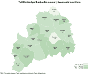 Maakunnan alhaisimmat työttömien työnhakijoiden osuudet olivat Evijärvellä (4,5 %), Kuortaneella (4,8 %) ja Soinissa (5,5 %).