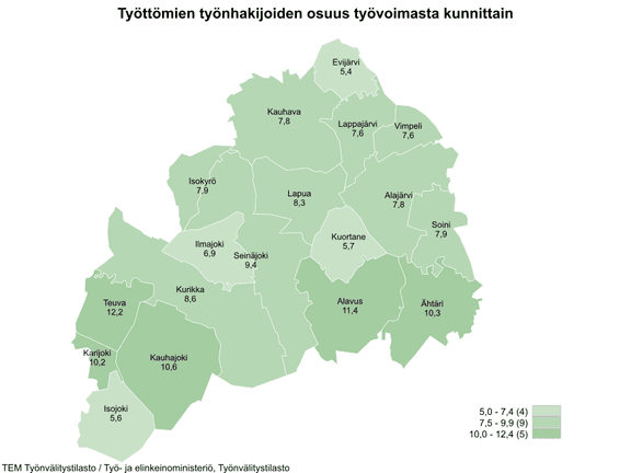 Maakunnan alhaisimmat työttömien työnhakijoiden osuudet olivat Evijärvellä (5,4 %), Isojoella (5,6 %) ja Kuortaneella (5,7 %).