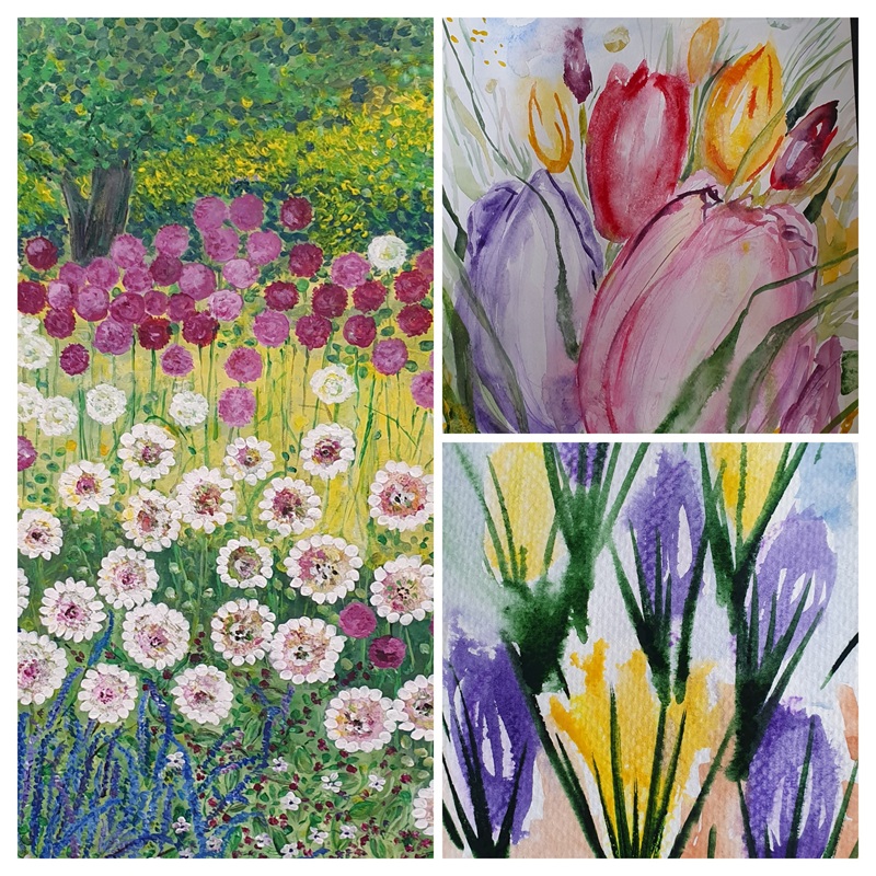 Näyttelyn töissä on aistittavissa kesäpäivän heleys ja silmien eteen aukeaa myös värien harmonia. Kuva: Tarja Pukkio.