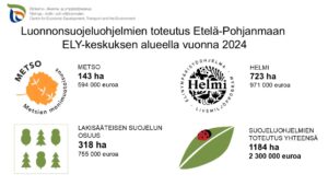 Vuoden 2024 aikana Etelä-Pohjanmaa ELY-keskus toteutti yhteensä noin 1184 hehtaaria erilaisia suojelualueita Etelä- ja Keski-Pohjanmaan sekä Pohjanmaan maakunnissa.
