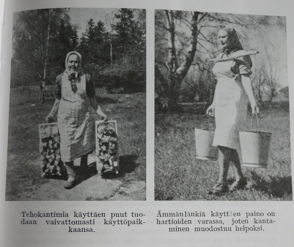 Sen aikaisia tehokantimia, jolla helpotettiin emäntien puun- ja vedenkantourakkaa.