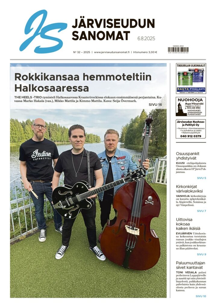 Järviseudun Sanomat 32/2025 ilmestyy näköislehtenä 5.8.2025 täynnä uutisia, ihmisiä ja ilmiöitä etelä-Pohjanmaan Järviseudulta.