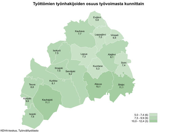 Maakunnan alhaisimmat työttömien työnhakijoiden osuudet olivat Kuortaneella (5,3 %), Evijärvellä (5,8 %), Vimpelissä (6,6 %) ja Lappajärvellä (7,0 %).