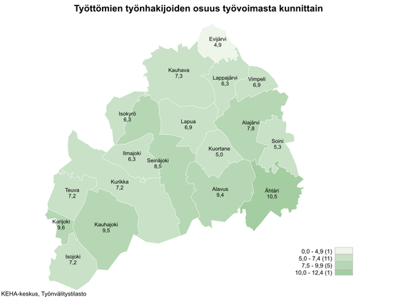 Maakunnan työttömien työnhakijoiden alhaisin osuus oli Evijärvellä (4,9 %) ja korkein Ähtärissä (10,5 %)