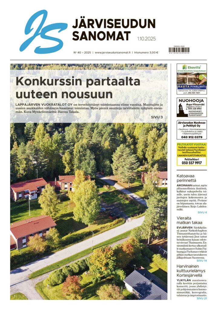 Järviseudun Sanomien numero 40/2025 on täynnä uutisia, ilmiöitä ja ihmisiä Etelä-Pohjanmaan Järviseudulta.