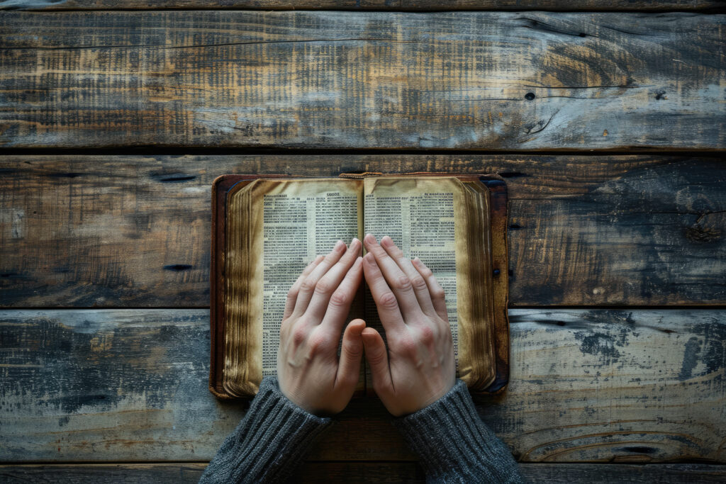 Close up person holding bible while praying. top view