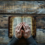 Close up person holding bible while praying. top view