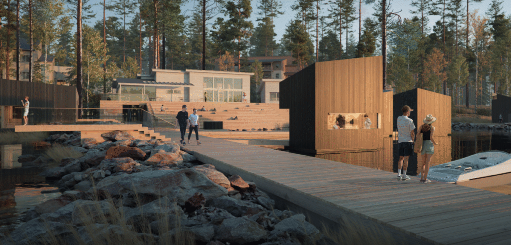 Lappajärvellä on haettu tukea hankkeelle, joka nostaisi saunat matkailun keskiöön. Kuvituskuvaa Lappajärvelle kaavaillusta saunamaailmasta.