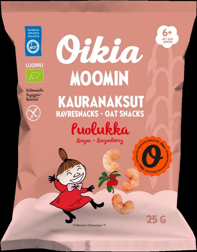 Takaisinveto koskee tuotetta Oikia Moomin kauranaksut puolukka 25 g (GTIN-koodi: 6430013253881) ja sen erää parasta ennen 15.7.2026.