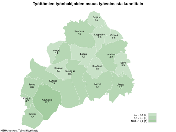 Maakunnan työttömien työnhakijoiden osuus oli alhaisimmillaan Kuortaneella (5,0 %) ja korkeimmillaan Kauhajoella (10,3 %).