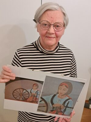 Marja Liisa Lehmosen mielestä kaikki Bromsin tekemät neljä seinämaalausta tulisi säilyttää tuleville sukupolville. Kuvassa yksityiskohtia Kehrääjätyttö-maalauksesta.