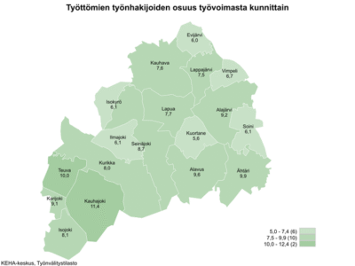 Maakunnan työttömien työnhakijoiden osuus oli alhaisimmillaan Kuortaneella (5,6 %) ja korkeimmillaan Kauhajoella (11,4 %).