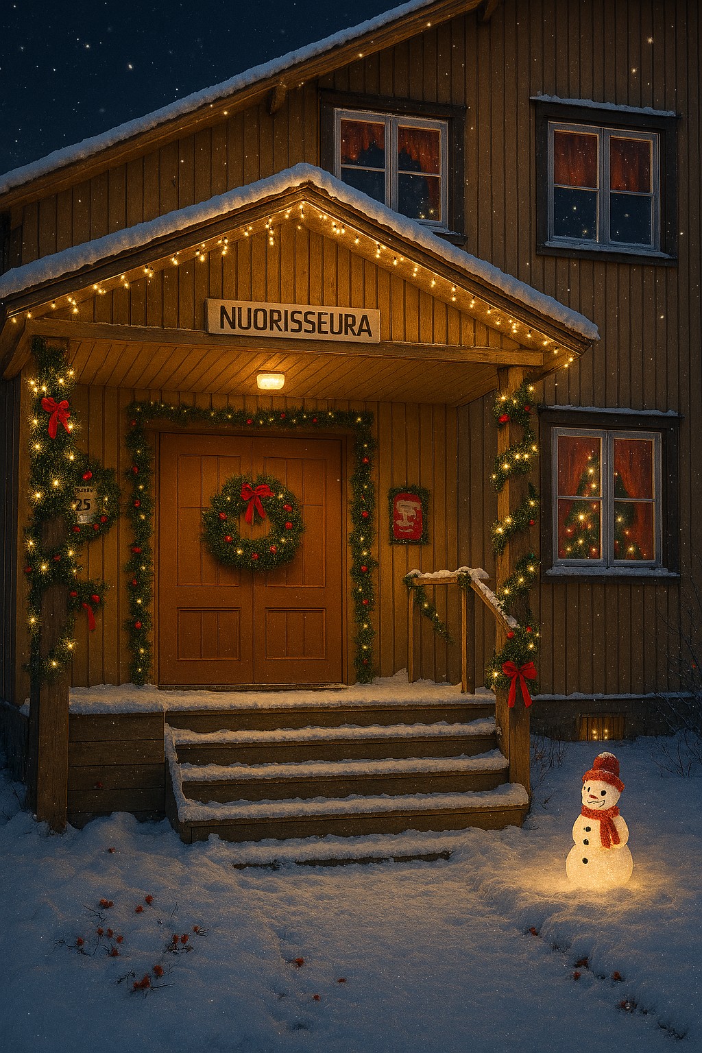 Lappajärven Nuorisoseuralla vietetään pikkujouluja ja myyjäisiä sunnuntaina. Kuvassa tekoälyllä koristeltu Nuorisoseura. Kuva: Hannu Takala.