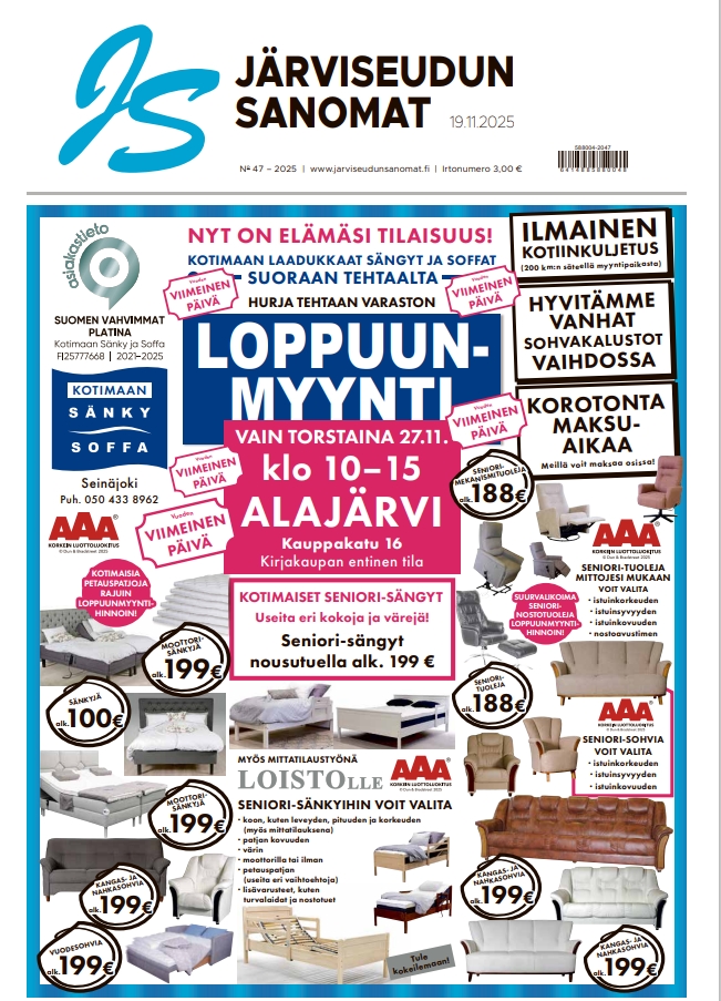 Matkailutoimijat kokoontuivat pohtimaan, millaisilla eväillä on hyvä lähteä kansainvälisille markkinoille. Kortesjärvellä perustettu Mantelan liikenne on toiminut jo 70 vuotta. Yrityksen halliin kokoontui runsas joukko väkeä miesten iltaan. Pokelan kentän kunnostus Vimpelissä on maalissa. Saarikentän silta uudistetaan; uusi rumpu on massiivinen. Kraatterijärven toimijat palkitsivat syyskokouksessaan vuoden toimijana Daniel Pakullan. Heli Ketola laajensi suualan osaamistaan purentalihashieronnalla. Hän hyödyntää taitoja nyt myös yrittäjänä. Alajärvellä Mäntymäen päiväkodissa on toiminut viiden vuoden ajan metsäryhmä. Ihmisiltä ihmisille: Martti Lampakan metsästysharrastus siirtyi pojanpojalle; Jesse Kataja harrastaa metsästystä tyttöystävänsä Merja Kujansuun kanssa. Marja Liisa Lehmonen poseerasi Arvid Bromsin mallina maalauksessa, joka sijaitsee nyt varsin erikoisessa paikassa. Lappajärveläislähtöinen Tommi Angervisto vaihtoi pesäpallon dartsiin ja nappasi SM-mitalin. Jenni Hyyppä voitti fitnesin MM-pronssia ja Antti Tenhunen vapaapainin SM-pronssia.