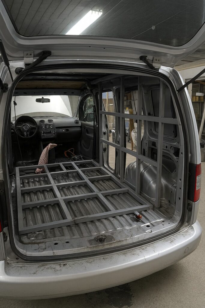 Keväällä 2023 hommattu auto on kuvassa se vielä alkutekijöissään. Sisustukset on poistettu ja rautahäkki on hitsattuna ja asennettuna soittimia varten.