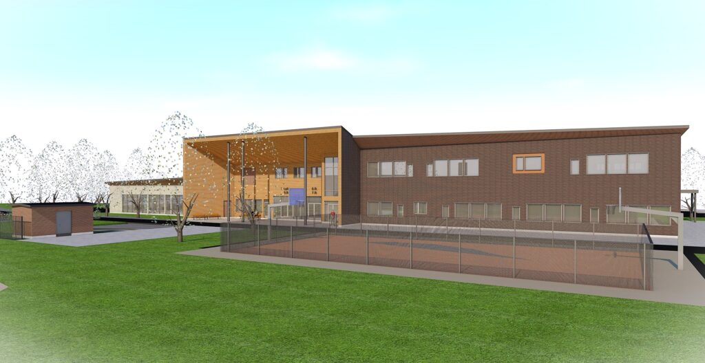 Havainnekuva Evijärven uuden koulun etupihasta.