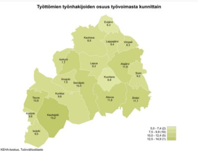 Maakunnan työttömien työnhakijoiden osuus oli alhaisimmillaan Evijärvellä (6,3 %) ja korkeimmillaan Kauhajoella (13,2 %).