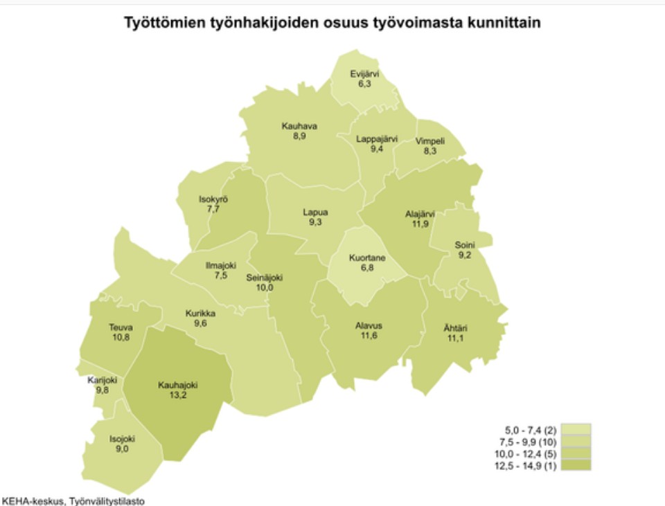 Maakunnan työttömien työnhakijoiden osuus oli alhaisimmillaan Evijärvellä (6,3 %) ja korkeimmillaan Kauhajoella (13,2 %).