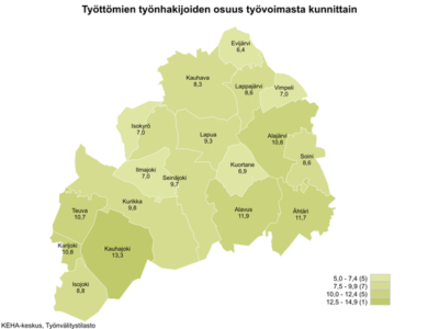 Maakunnan työttömien työnhakijoiden osuus oli alhaisimmillaan Evijärvellä (6,4 %) ja korkeimmillaan Kauhajoella (13,3 %).