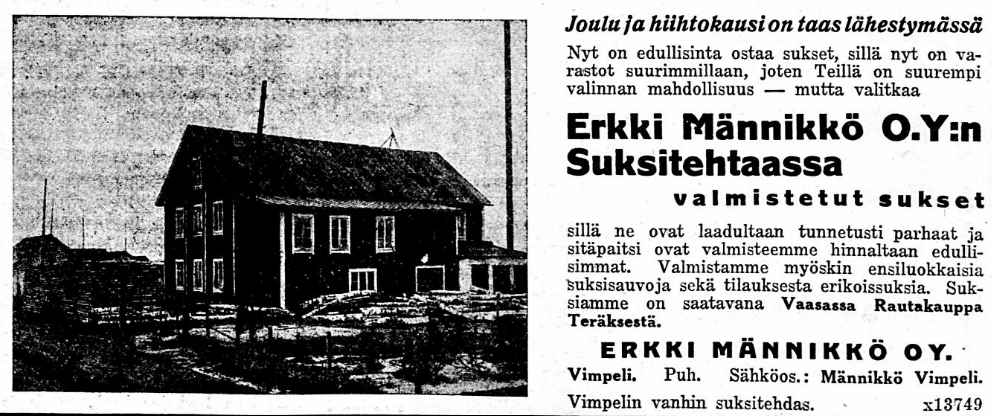 Erkki Männikkö Oy mainos. Vaasa lehti 16.11.1933. (2)