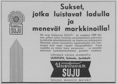 Julius Uusituvan mainos. Talouselämä 11.11.1938. (2)