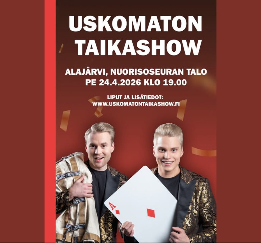 Alajärven Nuorisoseuran talolle saapuu 24.4.2026 perjantaina klo 19.00 televisiostakin tutun taikurikaksikon Aatun & Jarin mukaansa tempaava taikashow.
