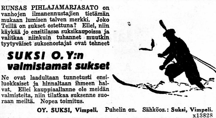 Suksi Oy mainos. Vaasa lehti 16.11.1933. (1)