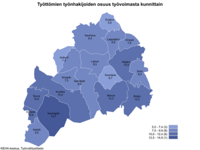 Maakunnan työttömien työnhakijoiden osuus oli alhaisimmillaan Evijärvellä (5,8 %) ja korkeimmillaan Kauhajoella (13,7 %).