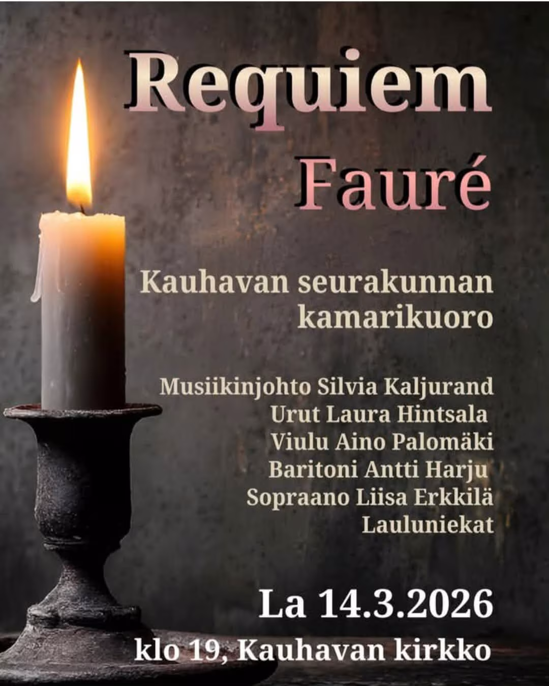 Kauhavan seurakunnan kamarikuoro konsertoi kirkossa 14. maaliskuuta.