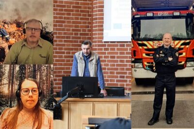 Metsäkeskus ja pelastuslaitos kertoivat webinaarissa yksityisteiden merkityksestä turvallisuudelle. Puhujina olivat Ari Lohivaara ja Mira Isoniemi (vas.), Hannu Ulvinen sekä Keijo Kangastie.