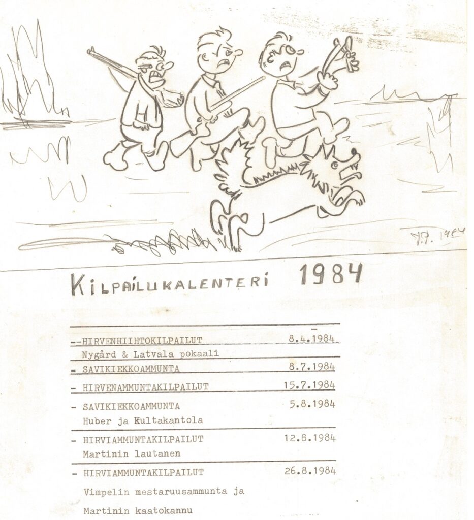 Pekka Peltolan piirtämä kilpailukalenteri vuodelta 1984.
