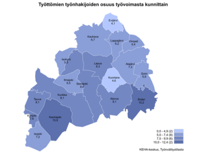 Maakunnan työttömien työnhakijoiden osuus oli alhaisimmillaan Evijärvellä (4,1 %) ja korkeimmillaan Kauhajoella (10,9 %).