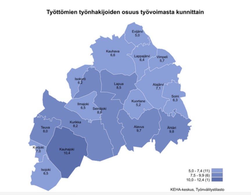 Maakunnan alhaisimmat työttömien työnhakijoiden osuudet olivat Evijärvellä (5,0 %), Kuortaneella (5,2 %), Vimpelissä (5,7 %) ja Isossakyrössä (6,2 %). Korkeimmat osuudet olivat Kauhajoella (10,4 %), Ähtärissä (9,8 %), Alavudella (9,7 %), Seinäjoella (8,8 %) ja Lapualla (8,5 %).