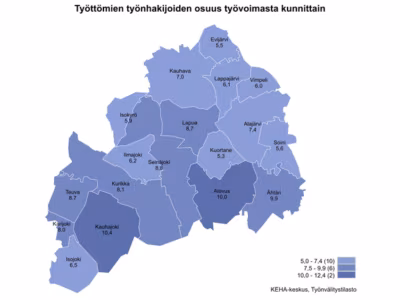 Maakunnan alhaisimmat työttömien työnhakijoiden osuudet olivat Kuortaneella (5,3 %), Evijärvellä (5,5 %), Soinissa (5,6 %) ja Isossakyrössä (5,9 %). Korkeimmat osuudet olivat Kauhajoella (10,4 %), Alavudella (10,0 %), Ähtärissä (9,9 %), Seinäjoella (8,8 %), Lapualla (8,7 %) ja Teuvalla (8,7 %).