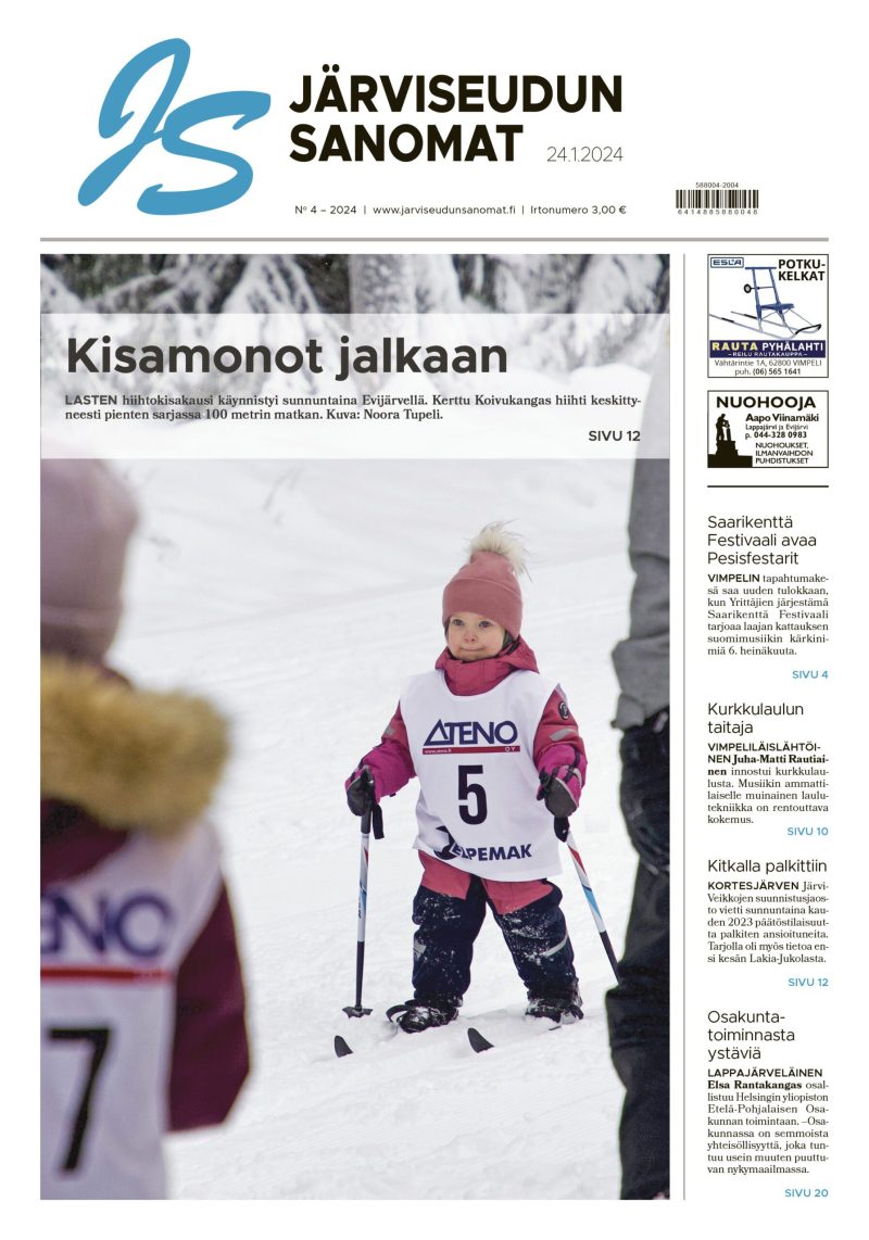 Järviseudun Sanomien numero 4/2024 ilmestyy tänään 23.1.2024 kotisivulle luettavaksi kello 16.