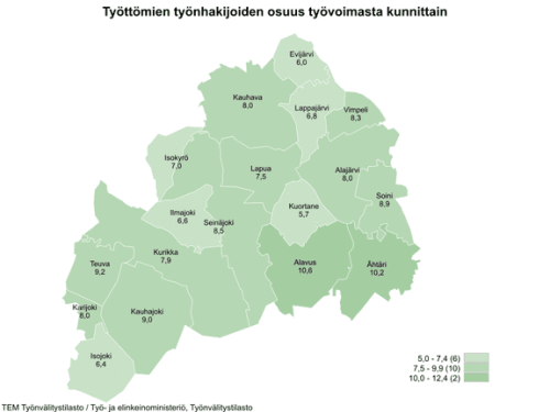 Maakunnan alhaisimmat työttömien työnhakijoiden osuudet olivat Kuortaneella (5,7 %), Evijärvellä (6,0 %) ja Isojoella (6,4 %).